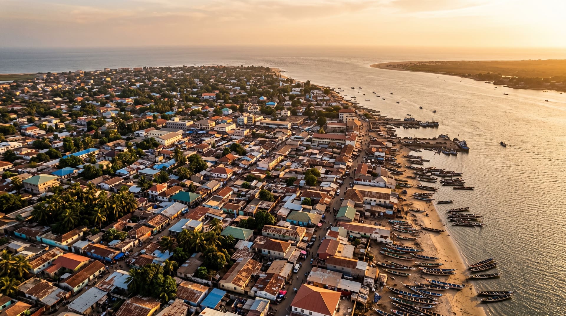 Aerial view of Banjul, The Gambia at golden hour, with the city meeting the River Gambia estuary.
